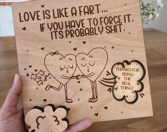 Funny Cheeky Wooden Valentine Walnut Plywood Love Card with Removable Piece & Hidden Message
