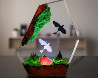 Lámpara de resina de Desdentado y Furia Luminosa / Diorama de Cómo entrenar a tu dragón