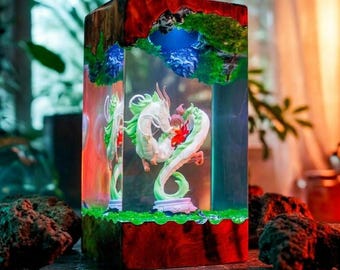 Lámpara de resina hecha a mano inspirada en el dragón Haku y Chihiro de El viaje de Chihiro / Luz nocturna de fantasía de anime Ghibli / Regalo