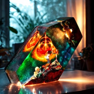 Può includere: Un'opera d'arte decorativa rettangolare in resina con un interno vibrante e colorato. L'opera presenta un design arancione infuocato, una figura con una cappa rossa e un effetto galassia stellata. Il pezzo è illuminato dall'interno, creando un bagliore caldo.