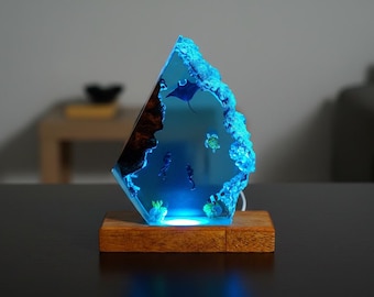 Lámpara de resina oceánica, diorama de vida marina, luz nocturna de madera
