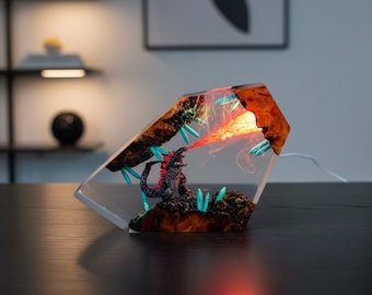 Lámpara de resina Kaiju / Diorama de monstruo atómico, decoración de escritorio de ciencia ficción