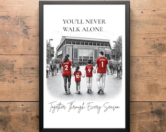 Póster familiar personalizado del Liverpool, regalo personalizado para papá aficionado al fútbol, lámina con boceto del estadio.