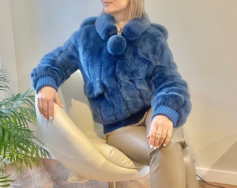 Bomber Sporty Sexy  Gorgeous Blue Dyed Blue Mink Fur Coat Small Medium Rare Bright Blue Short Mink Fur Jacket Real Mink Fur Small Medium 4 6