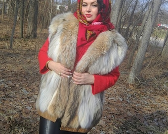 Vintage Coyote Fur Vest, Large Collar, Natural Two-Tone Coloring, Women's Size L/XL