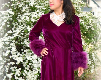Exquisite RARE Lilly Diamond Purple Raspberry Pink Velvet with Marabou Ostrich Feather Trim Gown / Cocktail Dress / Prom / Wedding Sz 2 4 6