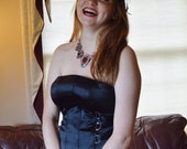 Halloween Perfect Gothic Vintage Jessica McClintock Black Satin Dress Corset Lace Up Details Long Black Evening Gown Small 4 Made in USA