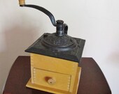 Antique Wooden Base Coffee Grinder with Ornate Cast Iron Top Rare Unique Find Home Decor Housewares