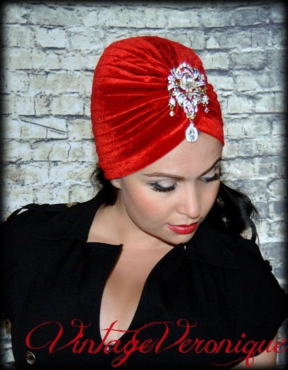 Bright Red Velvet Turban Jeweled Great Gatsby Bohemian  display picture 2