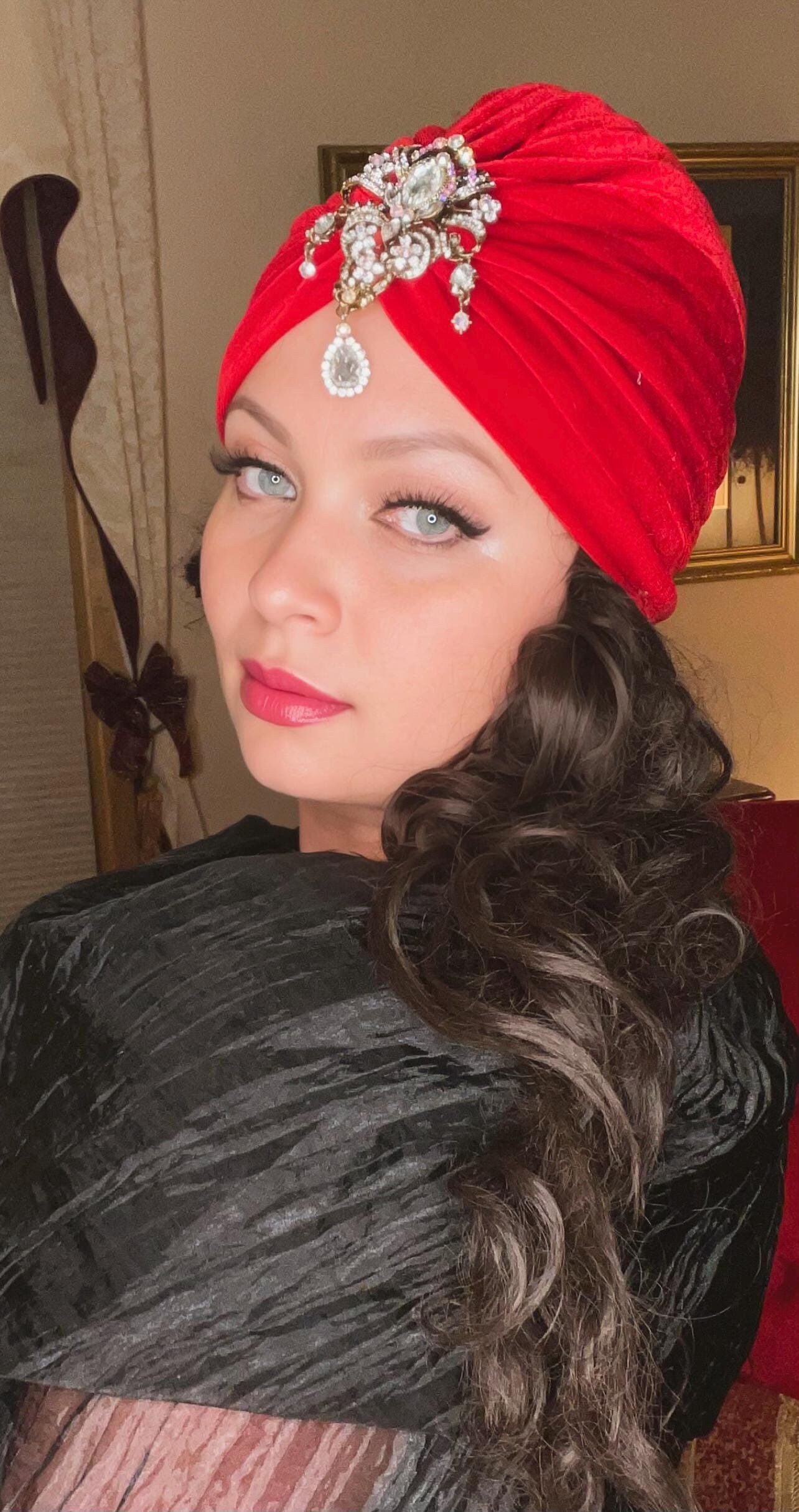 NEW! Red Velvet + Sequin Star Holiday Turban Bright Red Velvet Turban Jeweled Great Gatsby Bohemian  main image 2