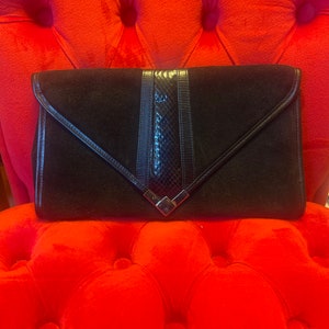 Maravilloso negro natural ante bolso clutch bolso 1980 estilo vintage negro cuero genuino regalo del día de las madres