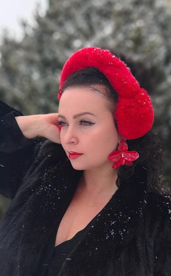 Soft Vivid Lipstick Red Sheared Rabbit Real Fur Ear Muffs  display picture 1