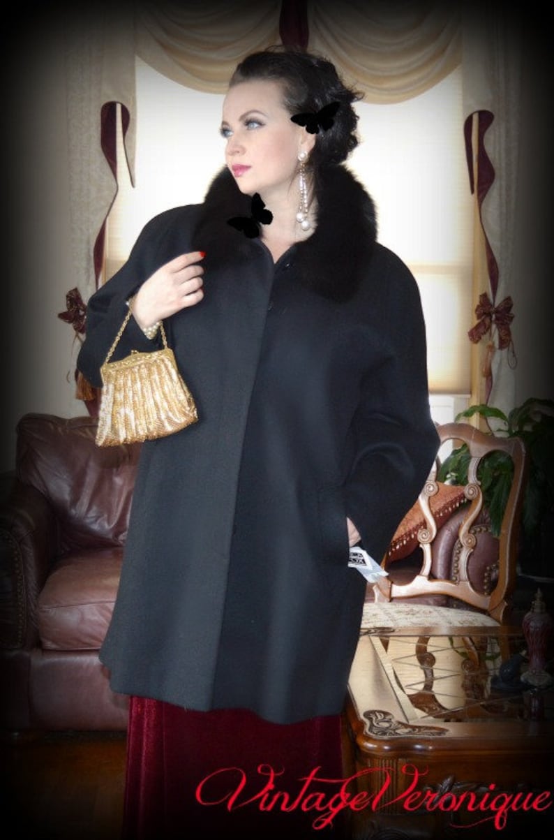 Vintage Black Spacious Wool Coat Forecaster Of Boston Jacket Wool And Genuine Saga Black Fox Collar Plus Size 16 18 XXL 3XL MINT With Tags