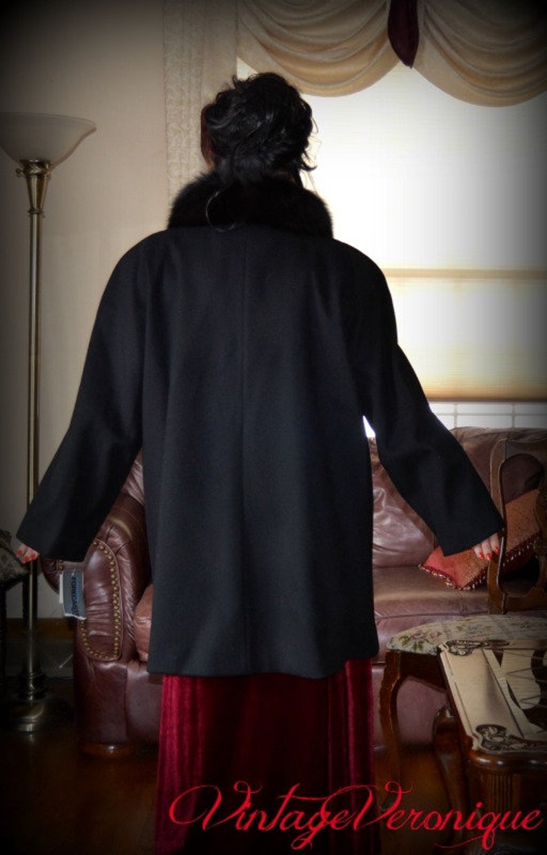 Vintage Black Spacious Wool Coat Forecaster Of Boston Jacket Wool And Genuine Saga Black Fox Collar Plus Size 16 18 XXL 3XL MINT With Tags