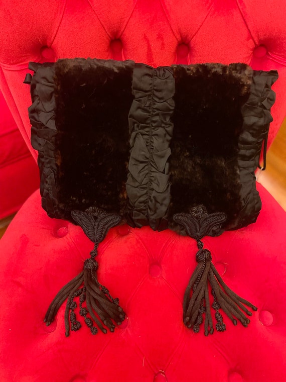 Exquisite Museum Quality Black Silk and Fur Muff w