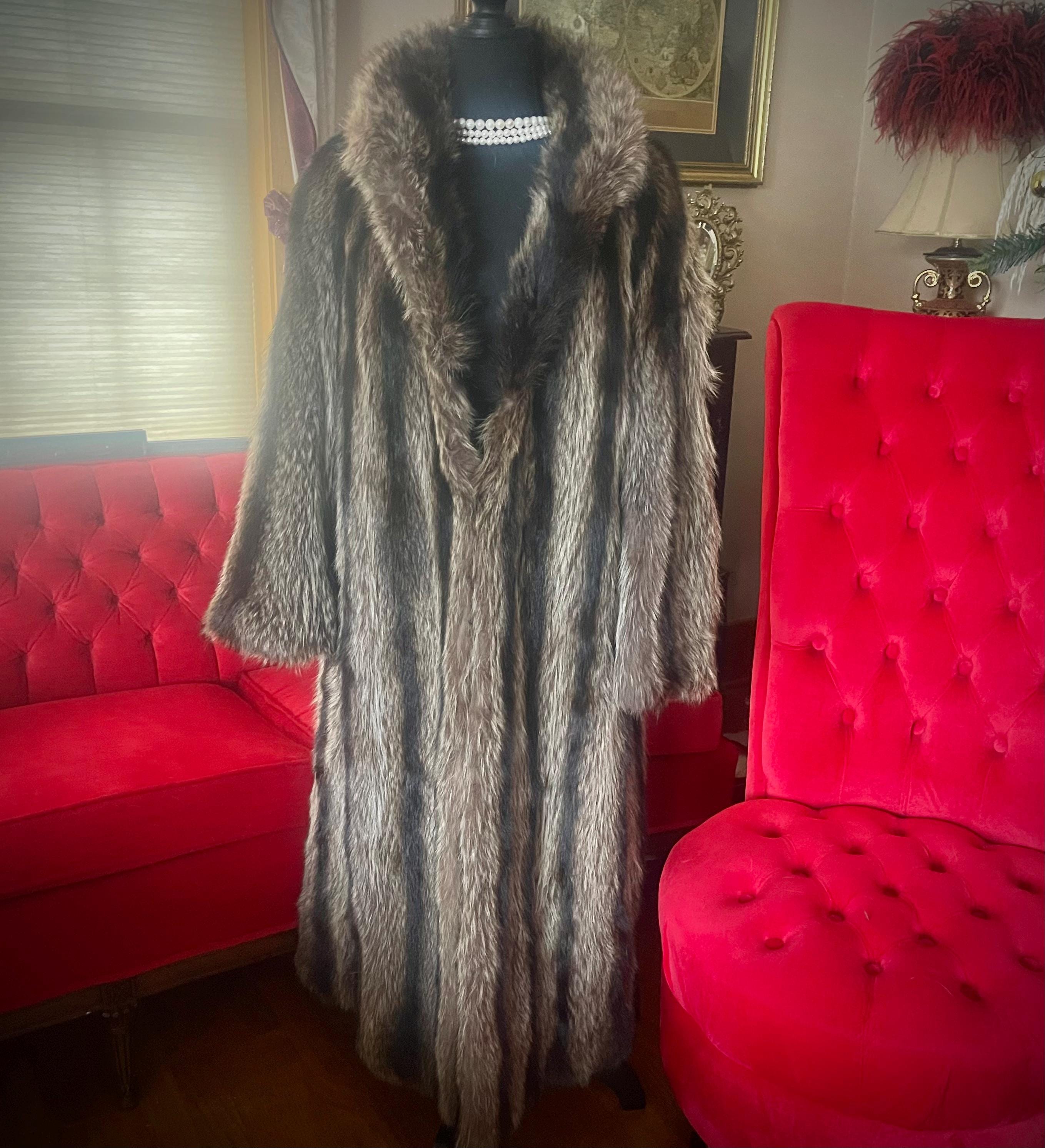 Classic Vintage Genuine Raccoon Fur Full Length Coat Warm Real