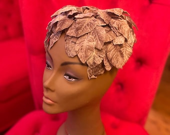 Antique Vintage Beige Faux Velvet Leaf Appliqué Hat For Women / Vintage Fall Accessory Rare Hat Leaf Shape