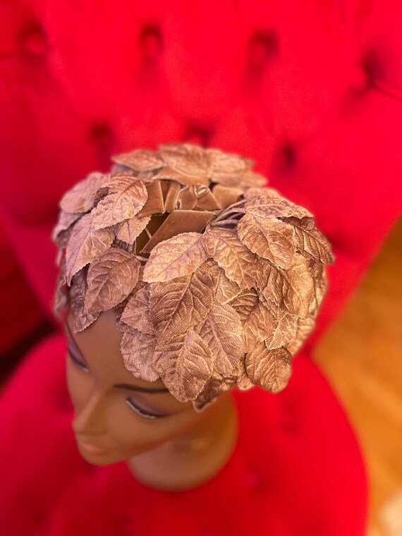 vintage 1950s beige velvet hat gold and green leaves twisted 50s headpiece fall il_1080xN.6252807175_tlfu.jpg main image 2