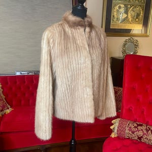 Lovely Lightweight Beige Ivory Off White Genuine Corded Mink Fur Jacket with Fox Collar Sz Small Medium 4 6 8