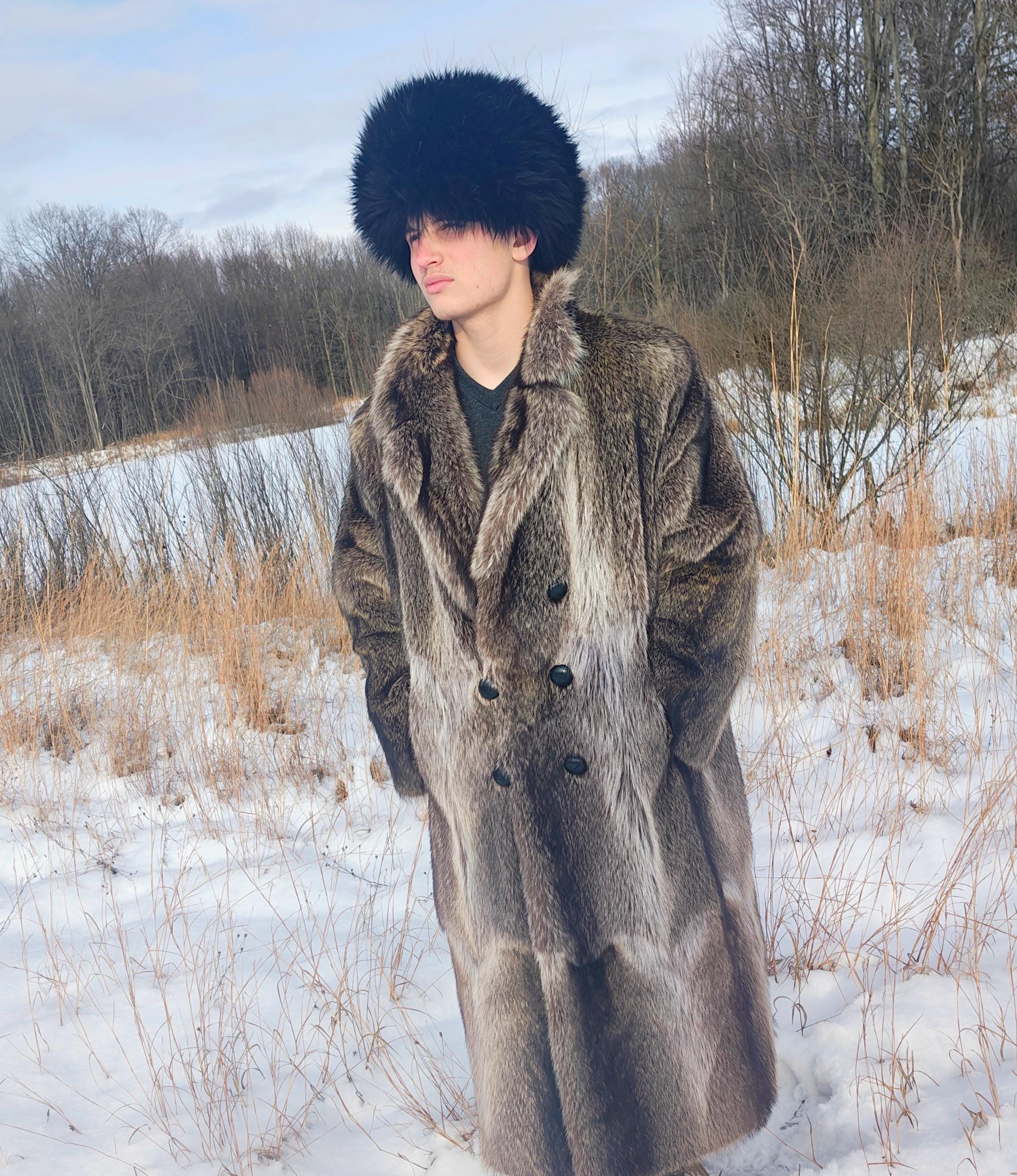 Rare MENS Tall XXL Vintage Raccoon Fur Coat, Double Breasted Full 