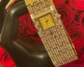 Vintage Unique Fun Fancy 1980s Square Golden Tone Rhinestone Bling Ladies Wrist Watch by Suzanne Somers Big Bracelet