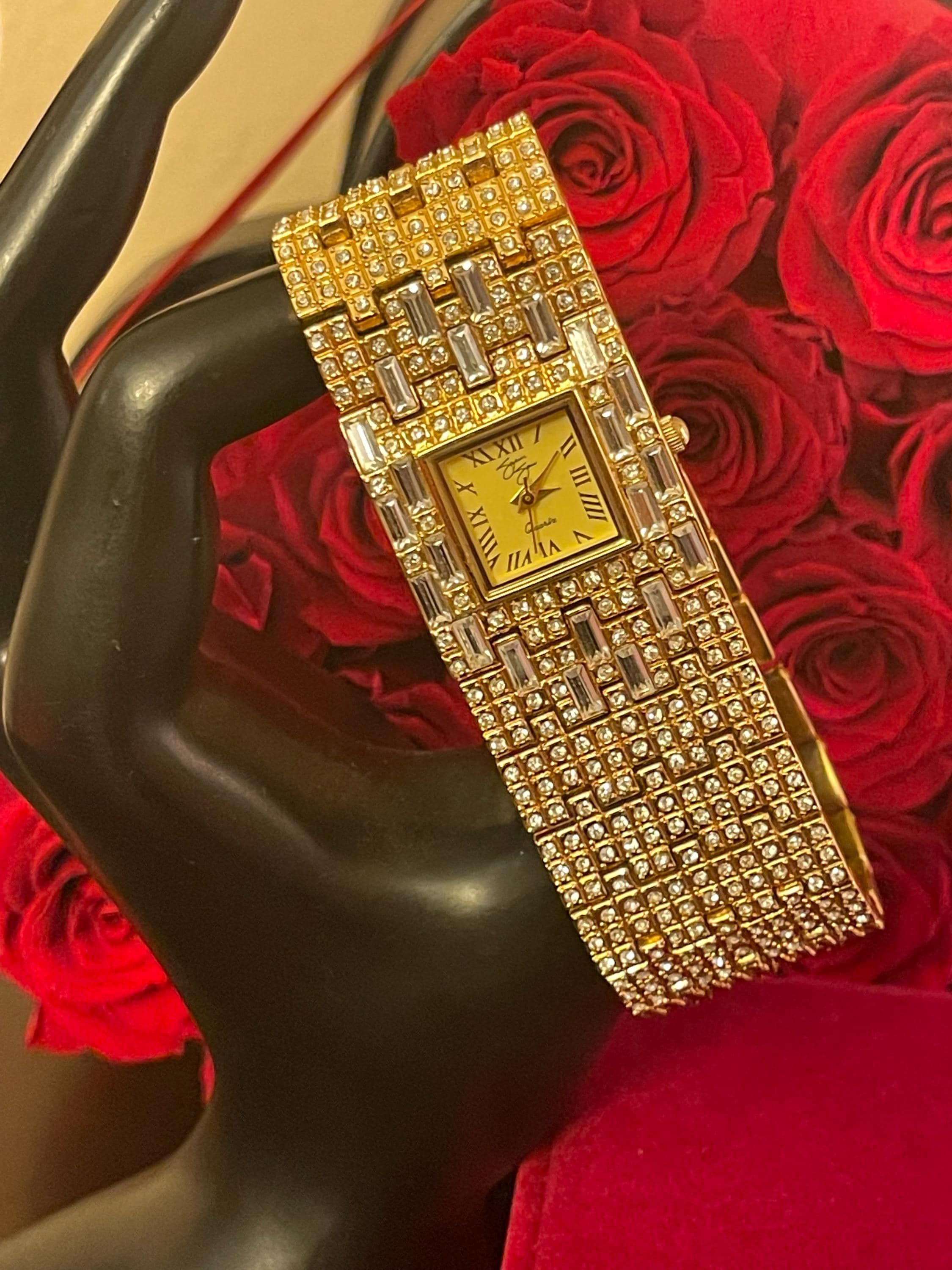 Vintage Unique Fun Fancy 1980s Square Golden Tone Rhinestone 
