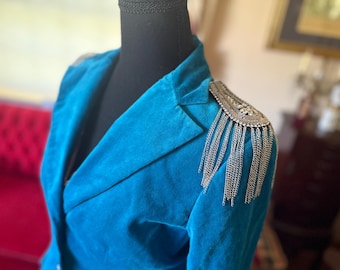 Vintage Blue Velvet Blazer with Rhinestone Chain Epaulettes (Sz Small)