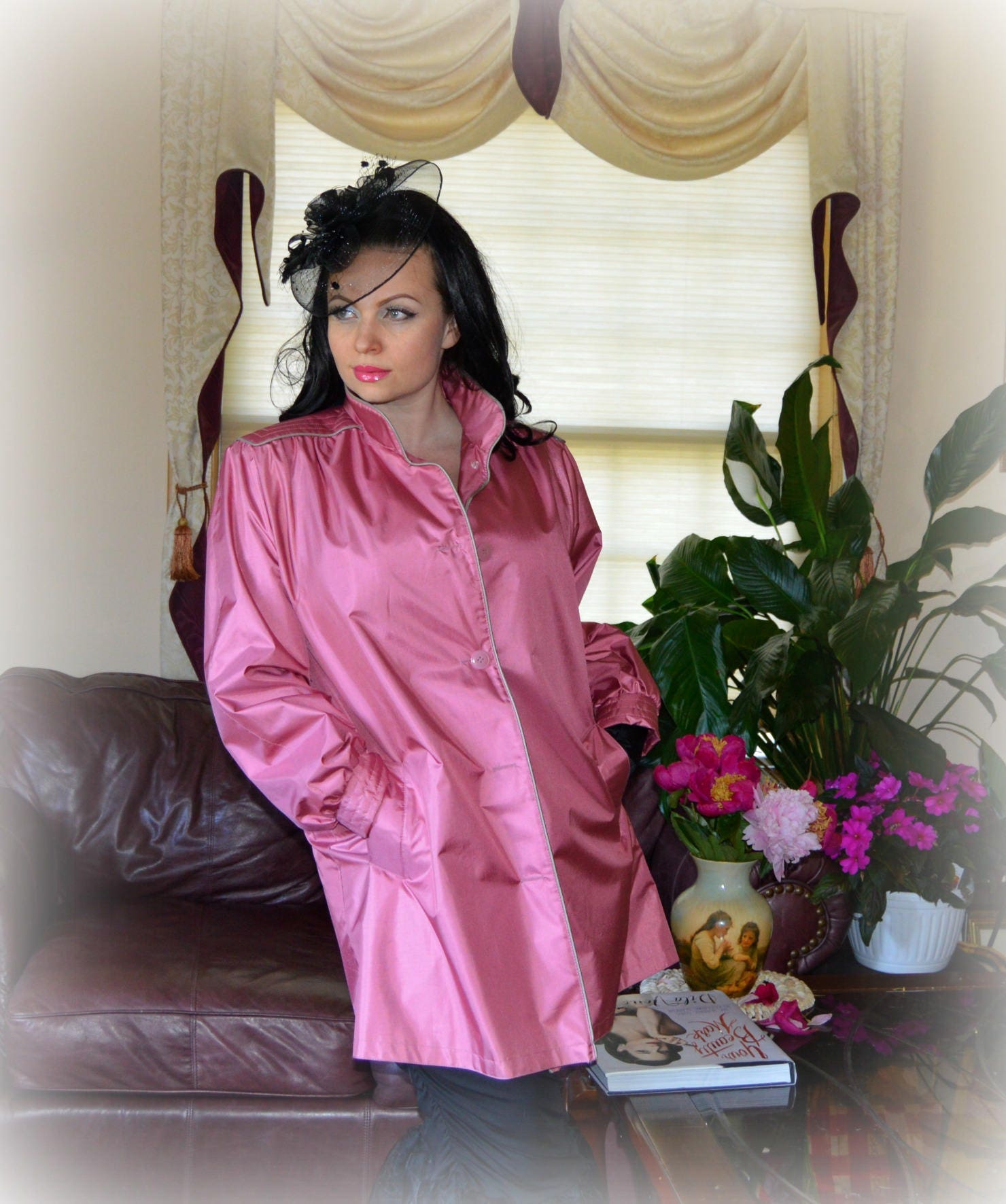 Vintage Shiny Dusty Pink Trench Coat