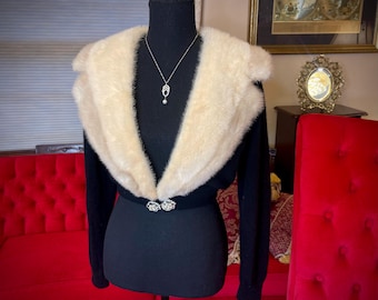 Fabulous Vintage Cashmere Cardigan with Genuine Ivory Two Toned Mink Collar Jewel Clasp Small Medium 4 6 8