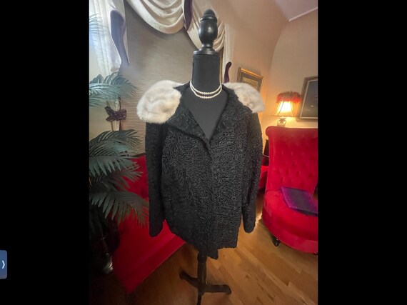Black Curly Persian Lamb Swakara Fur Persian Lamb Short Jacket with Mink Collar
