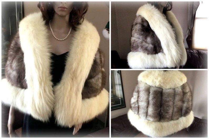 Vintage Two-Toned Arctic Fox Fur Bolero Cape / Silver Grey w/ Creamy White Trim Fox Fur Plush Chubby Stole / Bridal Wedding Fur M L XL 2XL image 3