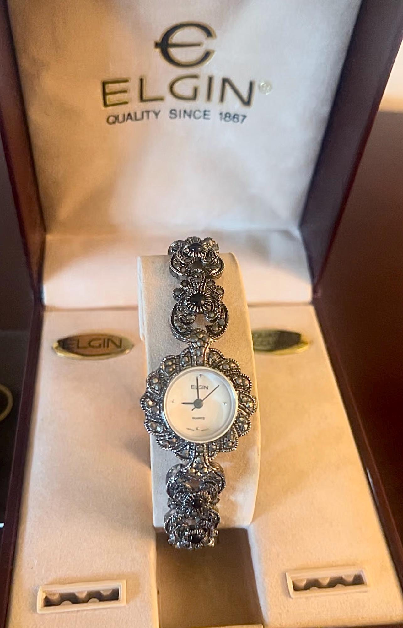 Vintage Elgin Marcasite & Onyx Mother of Pearl Watch in  display picture 2