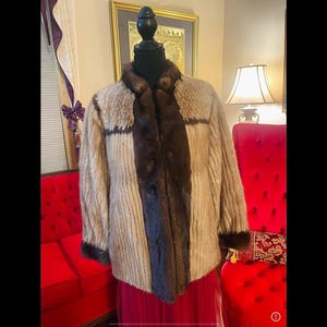 Incredible Contrast Beige and Brown Corded Mink Jacket Size Small Medium 4 6 8 Exclusive Design Excellent Condition