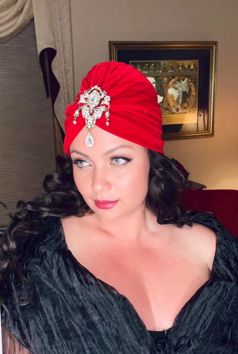 Bright Red Velvet Turban Jeweled Great Gatsby Bohemian  display picture 2