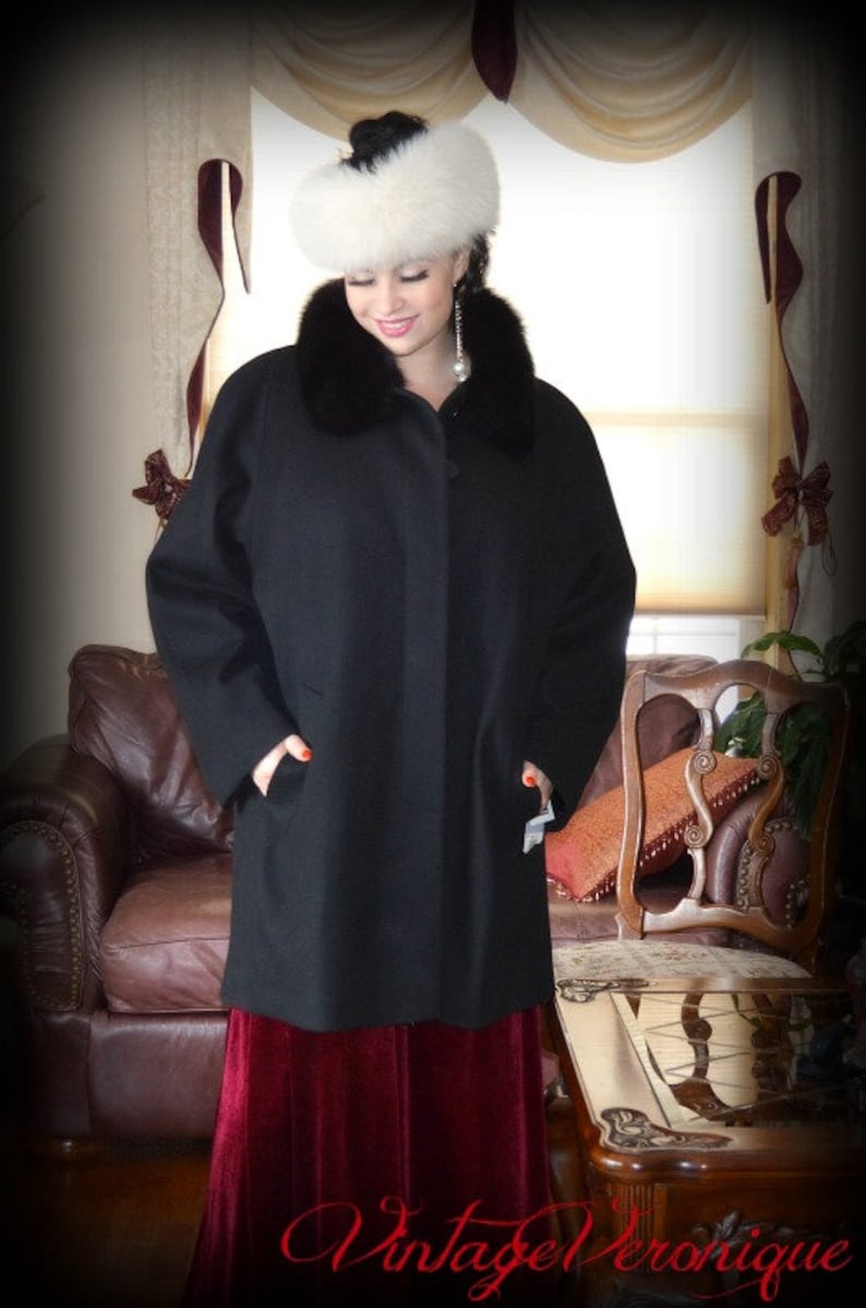 Vintage Black Spacious Wool Coat Forecaster Of Boston Jacket Wool And Genuine Saga Black Fox Collar Plus Size 16 18 XXL 3XL MINT With Tags