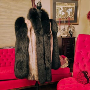 Genuine Dark Brown Black Tuxedo Beige Mink Fur Coat w/ Fox Fur Trim Sleeves Mink Fur Coat Stroller Medium Large 10 12