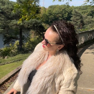 Unique White Jacket Vintage Genuine Rabbit Fur w/ Fluffy Lamb Fur Collar Size Medium Large 10 12 14