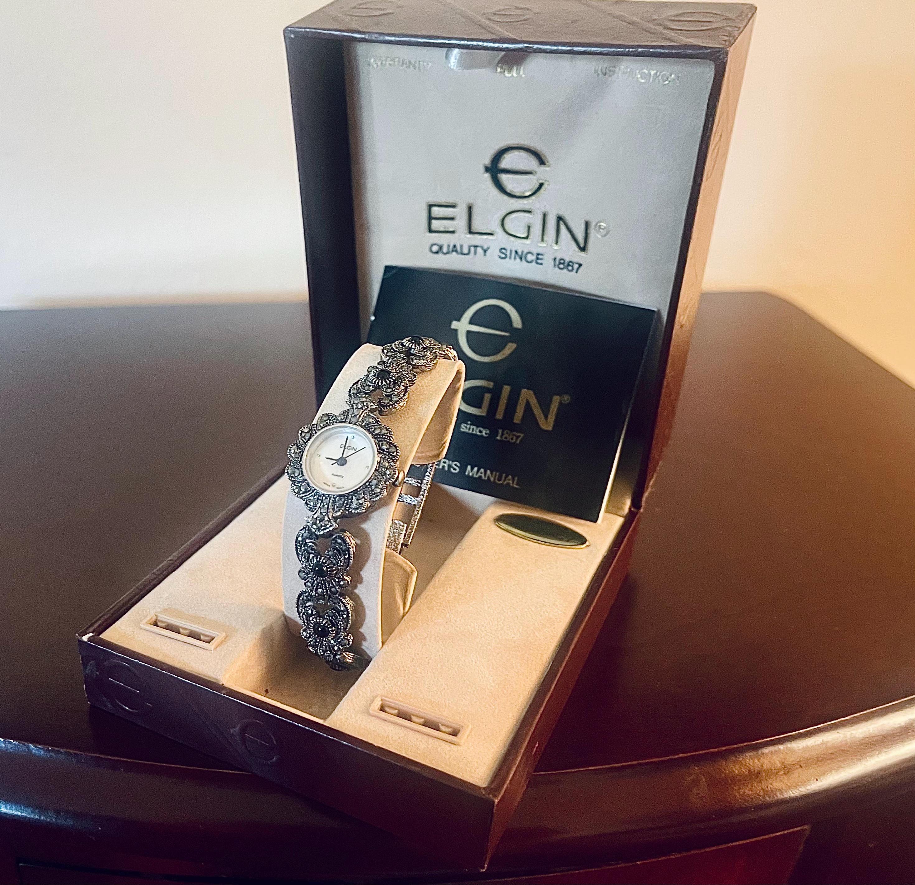 Vintage Elgin Ladies Marcasite Onyx Watch Mother of Pearl Dial Art Deco Style Vintage Elgin Black Onyx & Marcasite Women Watch New in Box  main image 4