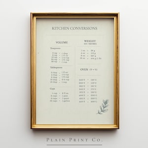 Tabela de Conversão de Medidas para Cozinha - Imprimível, Arte de Parede com Medidas para Confeitaria, Pôster com Dicas de Culinária, Decoração Minimalista para Cozinha, Download Instantâneo