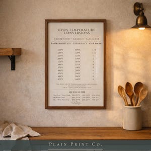 Op de afbeelding: Een rechthoekige wandprint in een donkerhouten lijst met een tabel voor het omrekenen van oventemperaturen. De tekst toont Fahrenheit, Celsius en Gas Mark waarden, inclusief een beknopte handleiding. De print is gebroken wit met zwarte tekst.