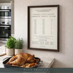 Op de afbeelding: Een ingelijste wandprint getiteld Oven Temperature Conversions met een tabel met Fahrenheit, Celsius en Gas Mark waarden, samen met een Quick Guide sectie voor oveninstellingen, in een donkerbruine lijst aan een lichte muur.