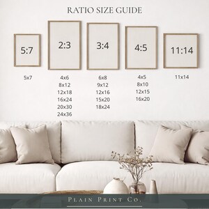 Op de afbeelding: Een RATIO SIZE GUIDE met vijf rechthoekige kaders met beeldverhoudingen 5:7, 2:3, 3:4, 4:5 en 11:14, elk met de bijbehorende afmetingen in inches eronder vermeld. De tekst PLAIN PRINT CO. staat onderaan.