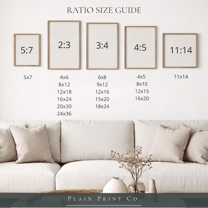 Op de afbeelding: Een RATIO SIZE GUIDE met vijf rechthoekige kaders met beeldverhoudingen 5:7, 2:3, 3:4, 4:5 en 11:14, elk met de bijbehorende afmetingen in inches eronder vermeld. De tekst PLAIN PRINT CO. staat onderaan.