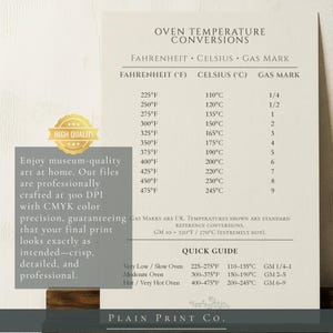 Op de afbeelding: Een cr&egrave;mekleurige informatieve print getiteld Oven Temperature Conversions, met een tabel met Fahrenheit-, Celsius- en Gas Mark-waarden. Het bevat een beknopte handleiding voor oveninstellingen en tekst over de afdrukkwaliteit.