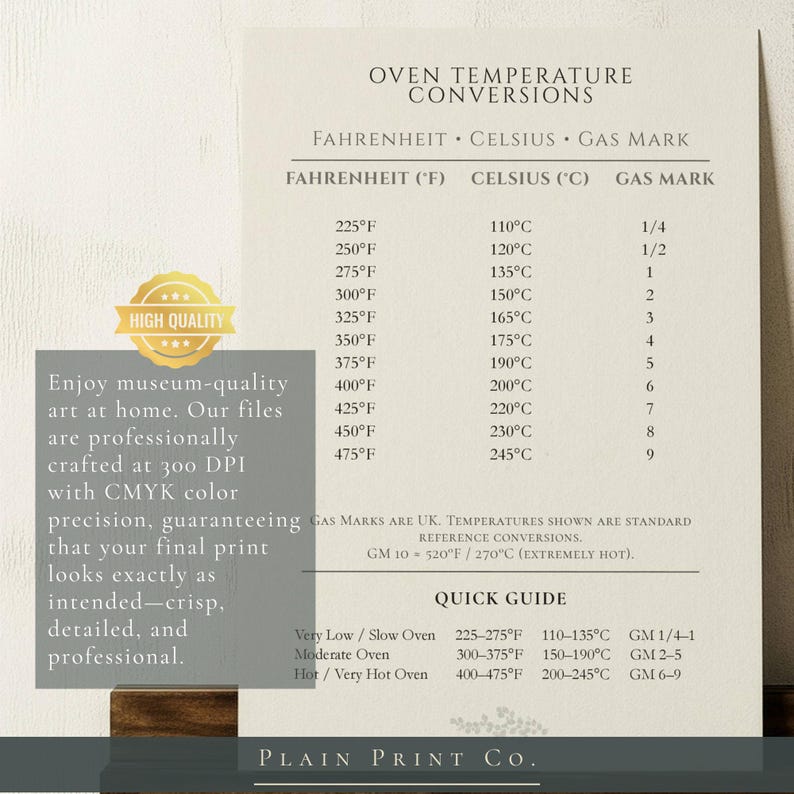 Op de afbeelding: Een cr&egrave;mekleurige informatieve print getiteld Oven Temperature Conversions, met een tabel met Fahrenheit-, Celsius- en Gas Mark-waarden. Het bevat een beknopte handleiding voor oveninstellingen en tekst over de afdrukkwaliteit.