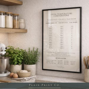 Op de afbeelding: Een ingelijste wandprint met een conversietabel voor oventemperaturen met kolommen voor Fahrenheit, Celsius en Gas Mark. De tekst bevat een beknopte handleiding voor oveninstellingen in een strakke, zwart-witte typografische lay-out.