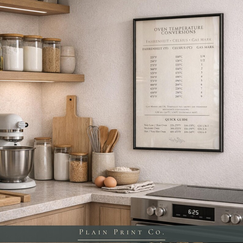 Op de afbeelding: Een ingelijste wandprint met een oven-temperatuurconversietabel met Fahrenheit-, Celsius- en Gas Mark-waarden. De tekst bevat een beknopte handleiding voor oveninstellingen, gedrukt in zwart op een lichte cr&egrave;mekleurige achtergrond.