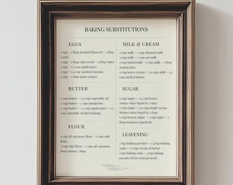 Afdrukbaar bakvervangingstabel | Gids voor het verwisselen van ingrediënten | Minimalistische keukenmuurkunst | Direct downloaden