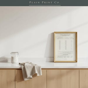 Op de afbeelding: Een ingelijste wandkunstprint met een oven-temperatuurconversietabel met Fahrenheit-, Celsius- en gasstandwaarden. De print zit in een gouden lijst naast een doorzichtige glazen pot met witte inhoud en een gevouwen beige linnen doek.
