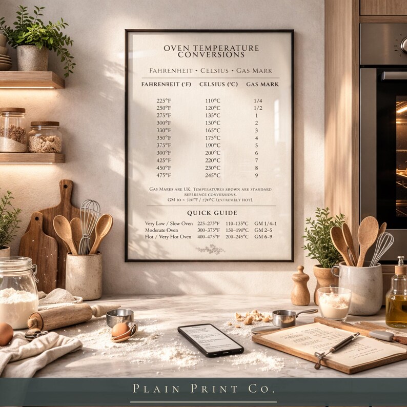 Op de afbeelding: Een ingelijste wandprint met de titel OVEN TEMPERATURE CONVERSIONS met een tabel met Fahrenheit-, Celsius- en Gas Mark-waarden. De kaart bevat een beknopte handleiding voor oveninstellingen op een lichte achtergrond.